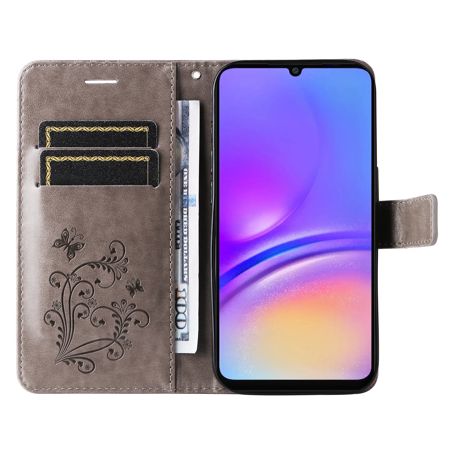 KT Imprinting Flower Series-2 For Samsung Galaxy A06 Case Floral Butterfly Leather Wallet Phone Cover - Grey