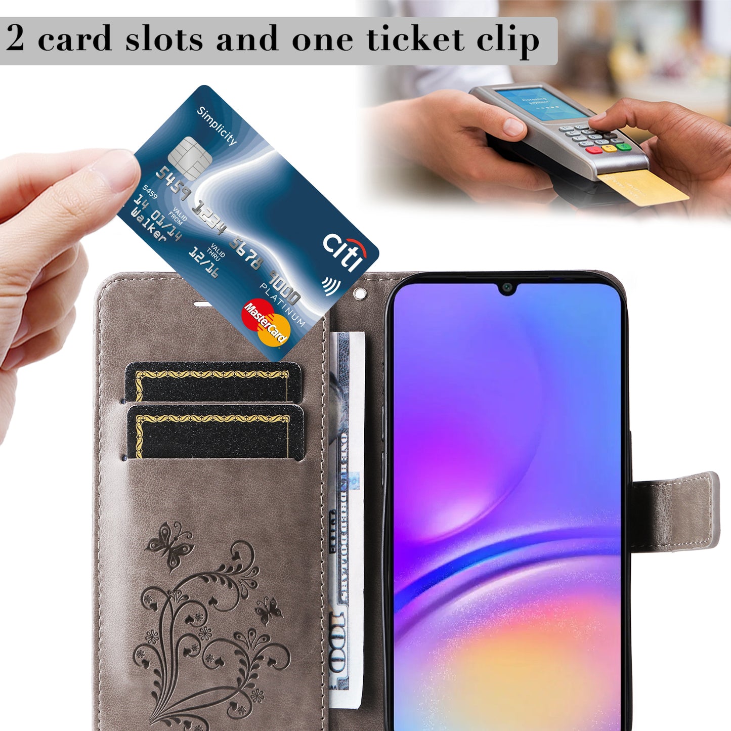 KT Imprinting Flower Series-2 For Samsung Galaxy A06 Case Floral Butterfly Leather Wallet Phone Cover - Grey
