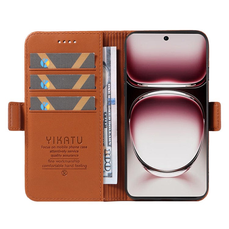 YIKATU YK-003 For Oppo Reno12 Pro 5G (Global) / (China) Case Wallet Stand Leather Phone Cover Side Buckle - Brown