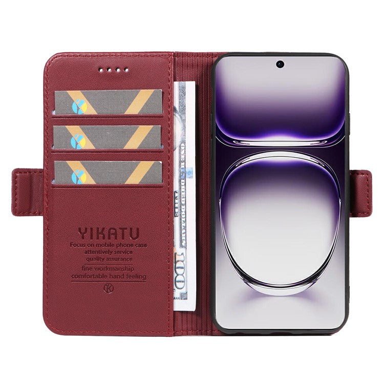 YIKATU YK-003 For Oppo Reno12 5G (Global) Case Wallet Stand Leather Phone Cover Side Buckle - Wine Red