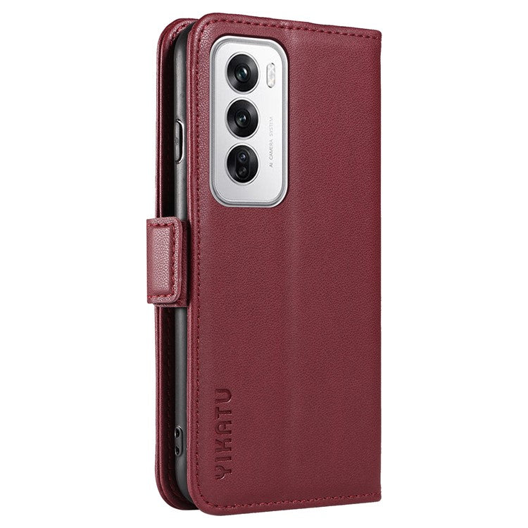 YIKATU YK-003 For Oppo Reno12 5G (Global) Case Wallet Stand Leather Phone Cover Side Buckle - Wine Red