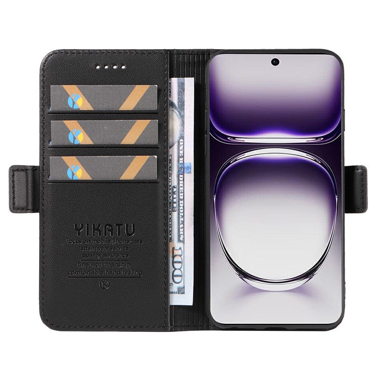YIKATU YK-003 For Oppo Reno12 5G (Global) Case Wallet Stand Leather Phone Cover Side Buckle - Black