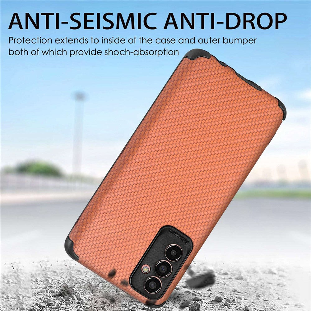 Carbon Fiber Texture Phone Cover for Samsung Galaxy M13 4G, Drop-proof PU Leather Coated TPU Anti-scratch Case - Brown