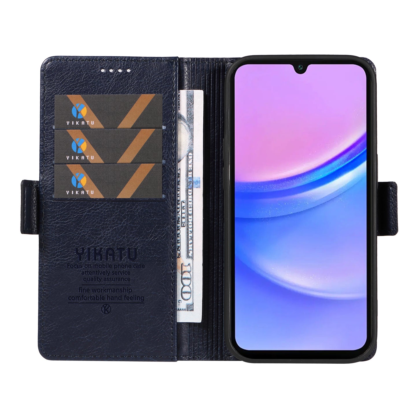 YIKATU YK-007 For Samsung Galaxy A16 5G / A16 4G Case Side Buckle PU Leather Phone Cover Litchi Texture - Navy Blue