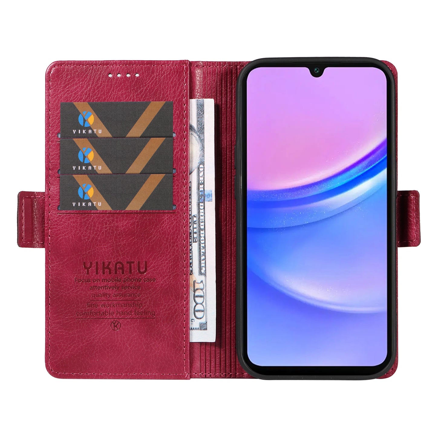 YIKATU YK-007 For Samsung Galaxy A16 5G / A16 4G Case Side Buckle PU Leather Phone Cover Litchi Texture - Wine Red