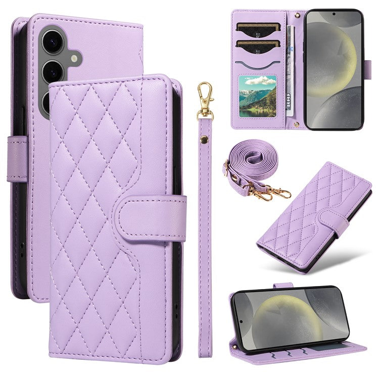 For Samsung Galaxy S24 Case Wallet Rhombus Leather Phone Cover with Shoulder Strap, Wrist Strap - Light Purple