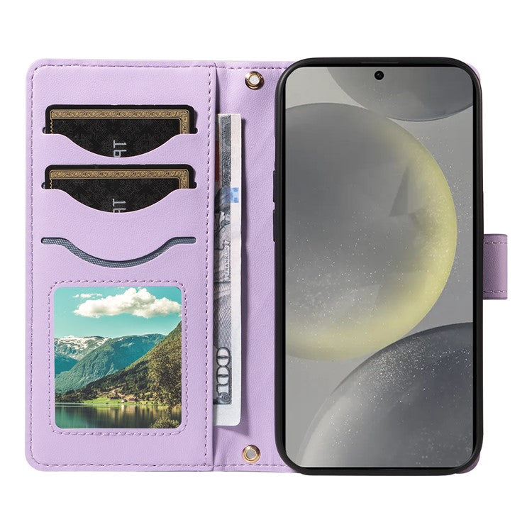 For Samsung Galaxy S24 Case Wallet Rhombus Leather Phone Cover with Shoulder Strap, Wrist Strap - Light Purple