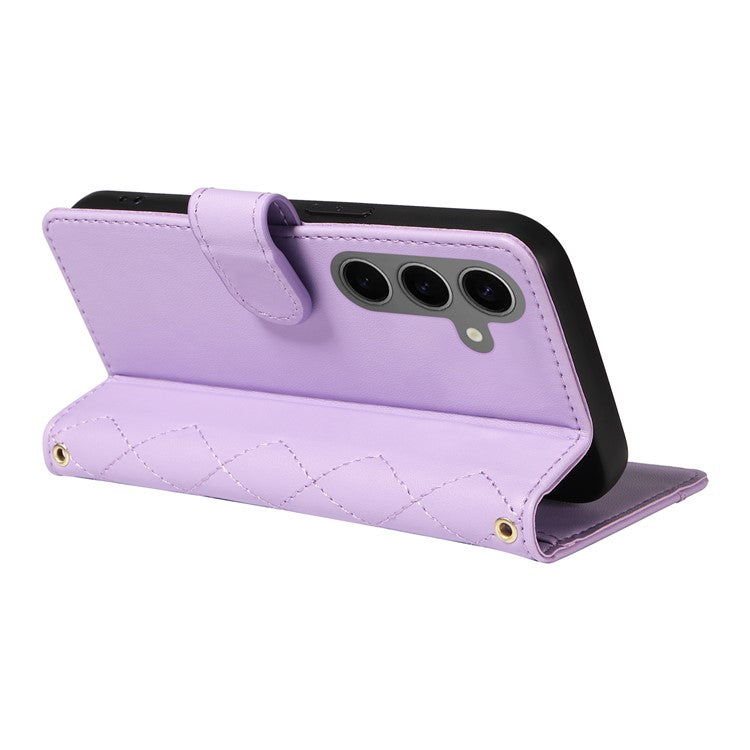 For Samsung Galaxy S24 Case Wallet Rhombus Leather Phone Cover with Shoulder Strap, Wrist Strap - Light Purple