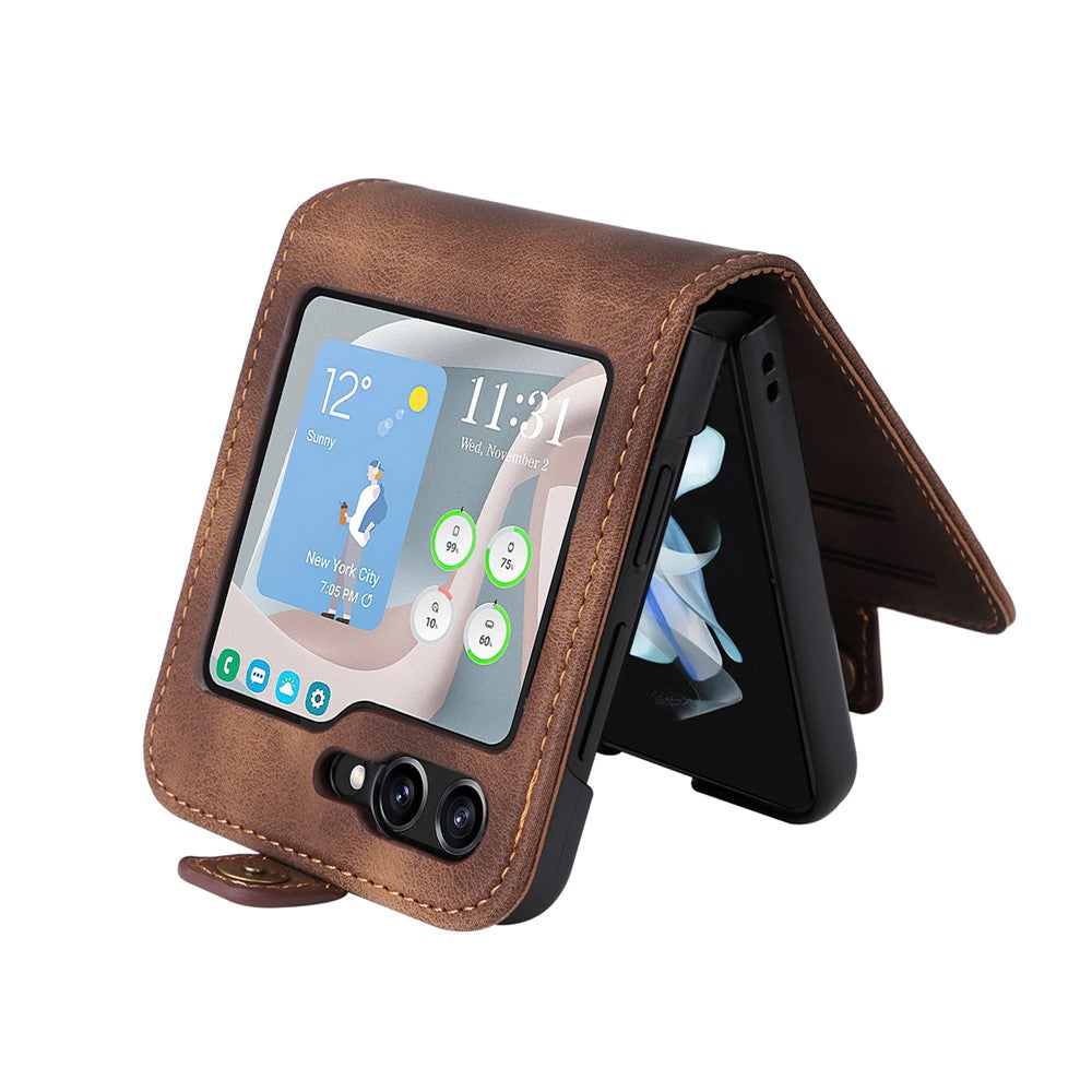 YIKATU YK-002 For Samsung Galaxy Z Flip7 FE 5G / Z Flip6 5G Case PU Leather Card Holder Phone Cover - Brown