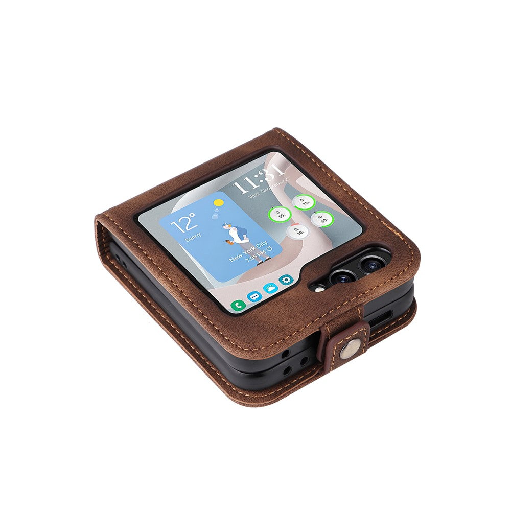 YIKATU YK-002 For Samsung Galaxy Z Flip7 FE 5G / Z Flip6 5G Case PU Leather Card Holder Phone Cover - Brown