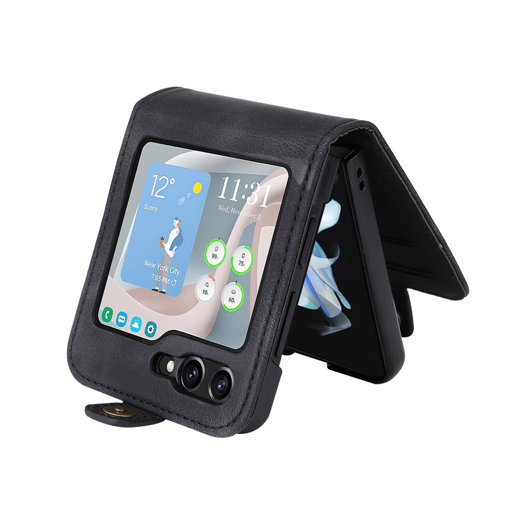 YIKATU YK-002 For Samsung Galaxy Z Flip7 FE 5G / Z Flip6 5G Case PU Leather Card Holder Phone Cover - Black