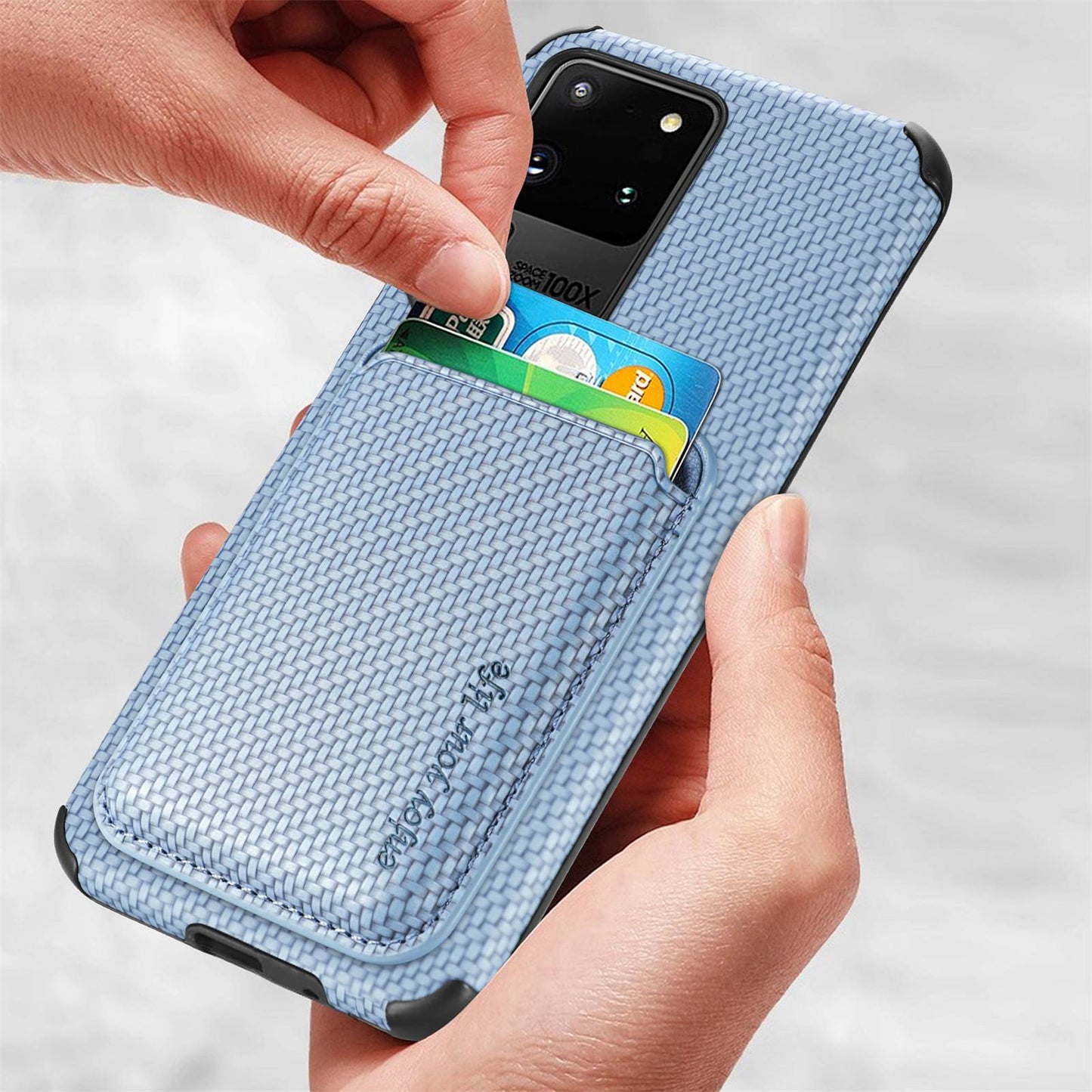 For Samsung Galaxy S20 Ultra 4G / 5G Carbon Fiber Texture 2-in-1 Detachable Back Case PU Leather + TPU + PVC Magnetic Cover with Card Holder - Brown