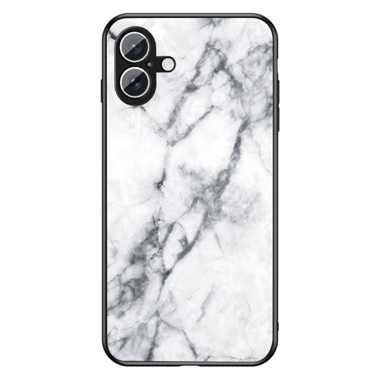 For iPhone 16 Plus Case Marble Pattern Tempered Glass+PC+TPU Protective Phone Cover - White Marble