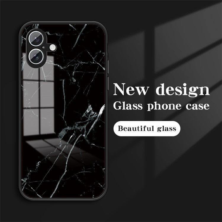 For iPhone 16 Plus Case Marble Pattern Tempered Glass+PC+TPU Protective Phone Cover - White Marble