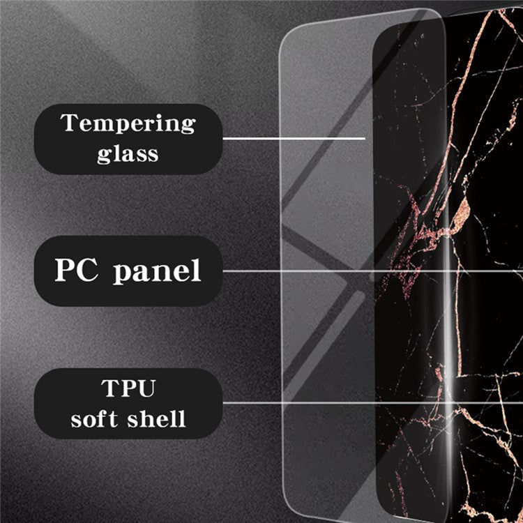 For iPhone 16 Plus Case Marble Pattern Tempered Glass+PC+TPU Protective Phone Cover - White Marble