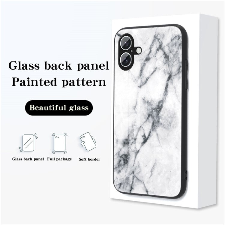For iPhone 16 Plus Case Marble Pattern Tempered Glass+PC+TPU Protective Phone Cover - White Marble