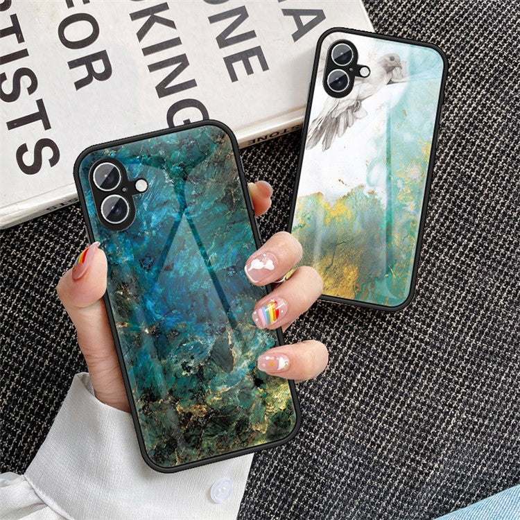 For iPhone 16 Plus Case Marble Pattern Tempered Glass+PC+TPU Protective Phone Cover - White Marble