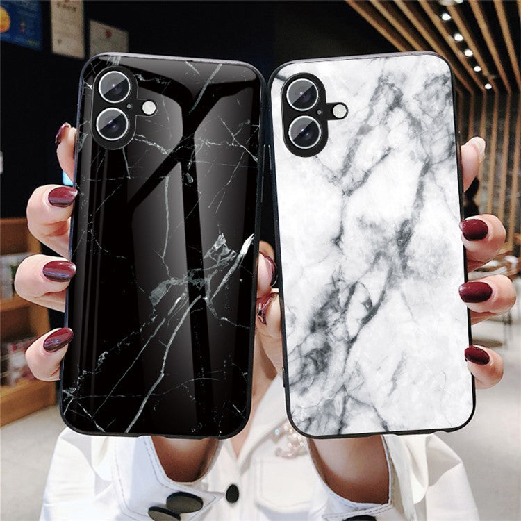 For iPhone 16 Plus Case Marble Pattern Tempered Glass+PC+TPU Protective Phone Cover - White Marble