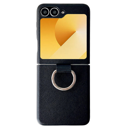 For Samsung Galaxy Z Flip7 FE 5G / Z Flip6 5G Case Ring Holder Hard PC Protective Phone Cover - Cross Texture