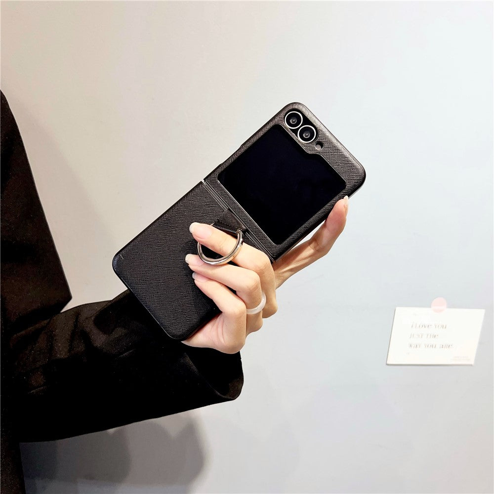 For Samsung Galaxy Z Flip7 FE 5G / Z Flip6 5G Case Ring Holder Hard PC Protective Phone Cover - Cross Texture