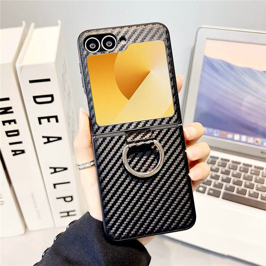 For Samsung Galaxy Z Flip7 FE 5G / Z Flip6 5G Case Ring Holder Hard PC Protective Phone Cover - Carbon Fiber Texture