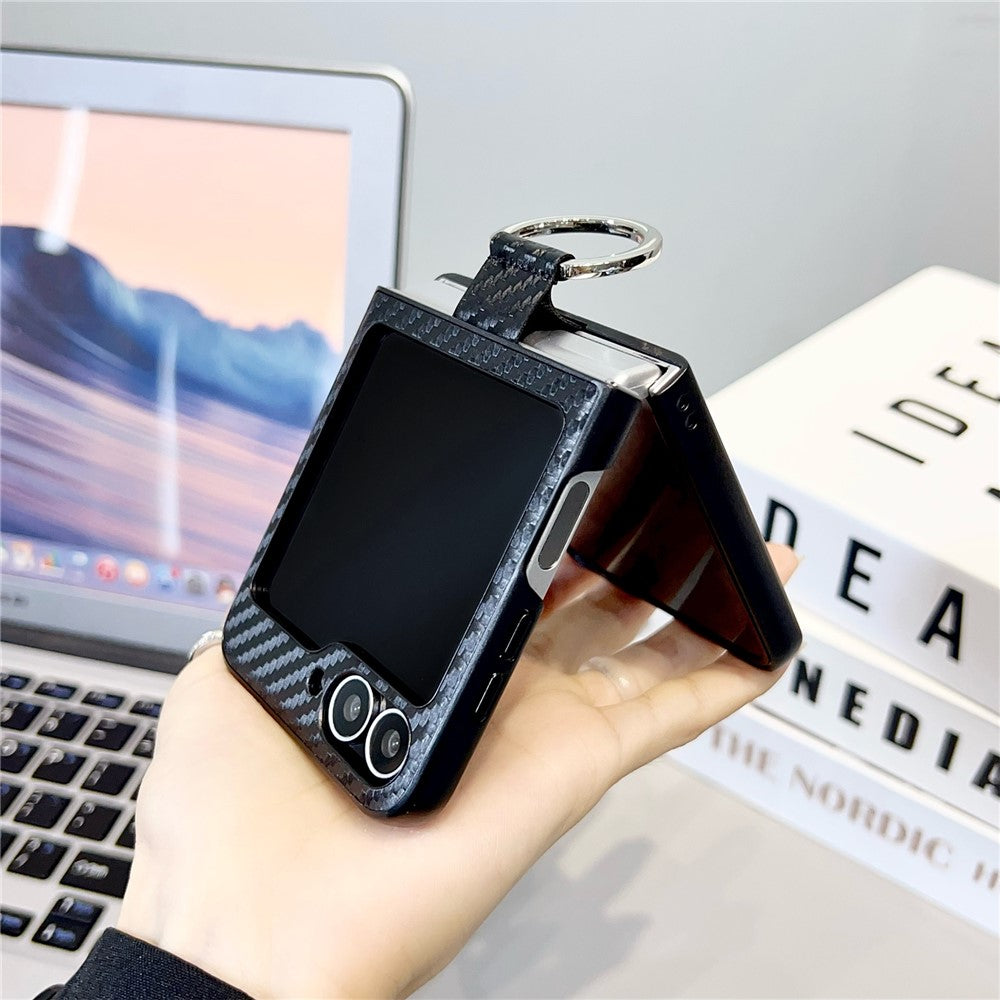 For Samsung Galaxy Z Flip7 FE 5G / Z Flip6 5G Case Ring Holder Hard PC Protective Phone Cover - Carbon Fiber Texture