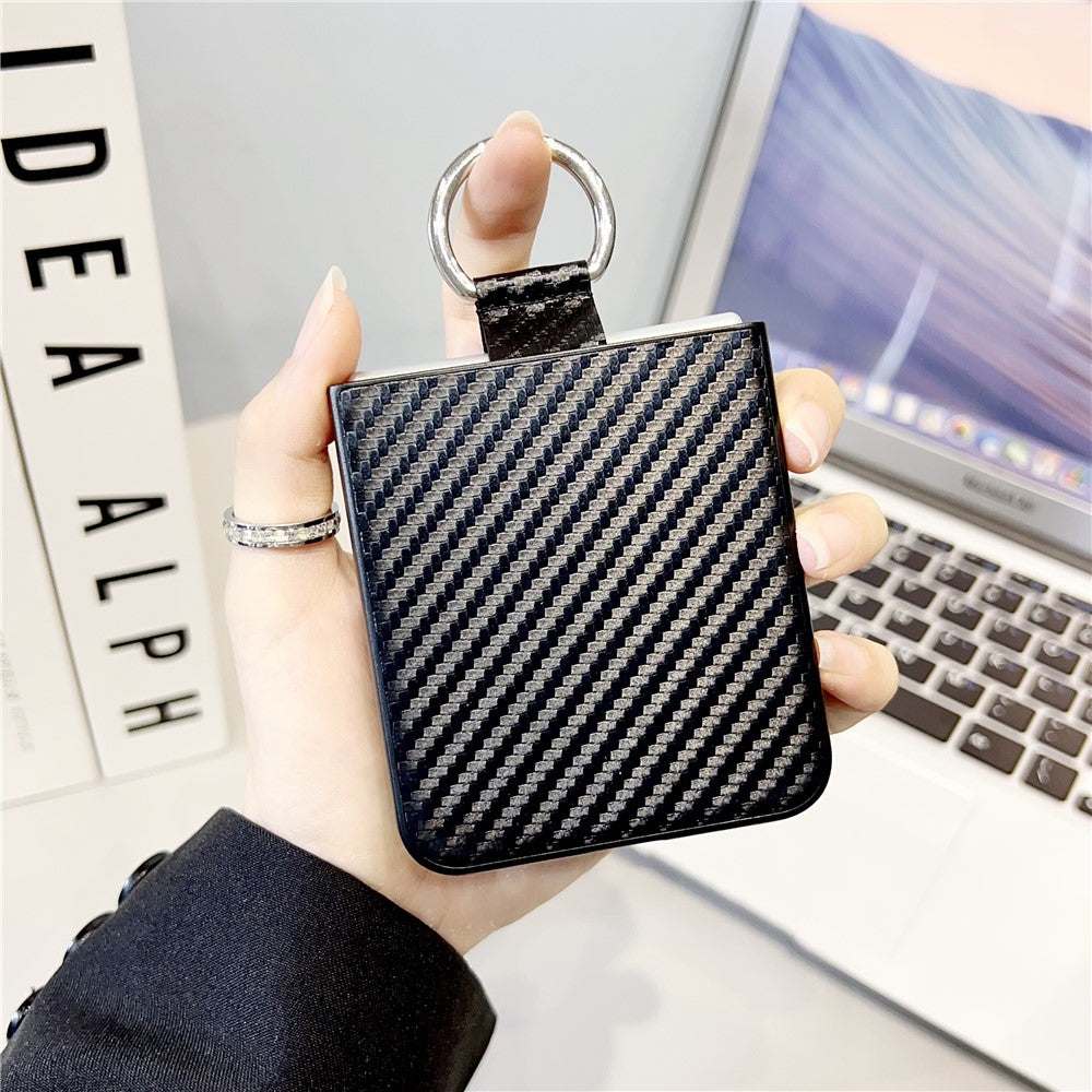 For Samsung Galaxy Z Flip7 FE 5G / Z Flip6 5G Case Ring Holder Hard PC Protective Phone Cover - Carbon Fiber Texture