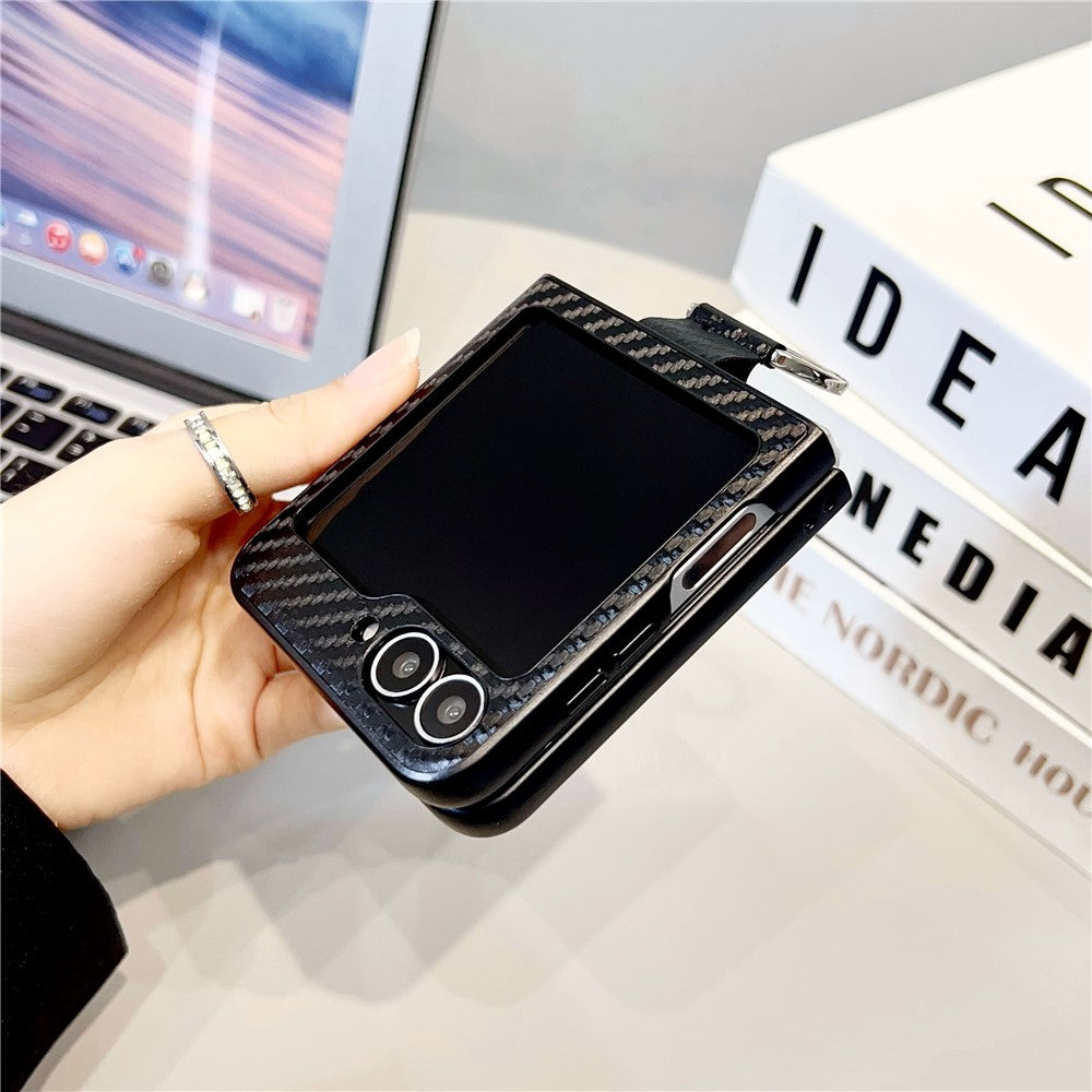 For Samsung Galaxy Z Flip7 FE 5G / Z Flip6 5G Case Ring Holder Hard PC Protective Phone Cover - Carbon Fiber Texture