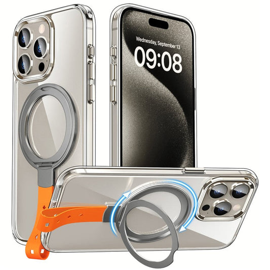 For iPhone 16 Pro Case Magnetic Rotatable Kickstand Hard PC Phone Cover - Titanium Grey / Orange Rope