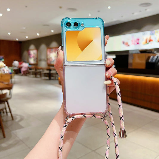 For Samsung Galaxy Z Flip7 FE 5G / Z Flip6 5G Case Gradient Color TPU Phone Cover with Lanyard - Blue+Pink