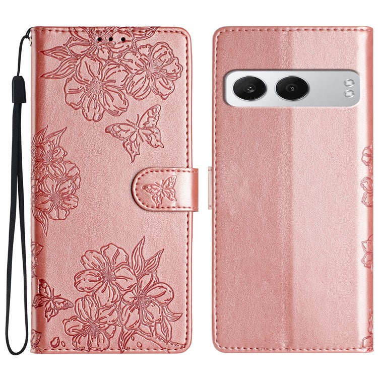 For OnePlus Nord 4 Case Butterfly Flower Drop-Proof PU Leather Wallet Phone Cover - Rose Gold