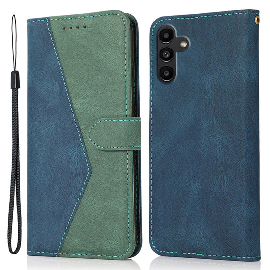For Samsung Galaxy A16 5G / A16 4G Cover Color Splicing Wallet Stand Leather Phone Case with Wrist Strap - Blue+Green