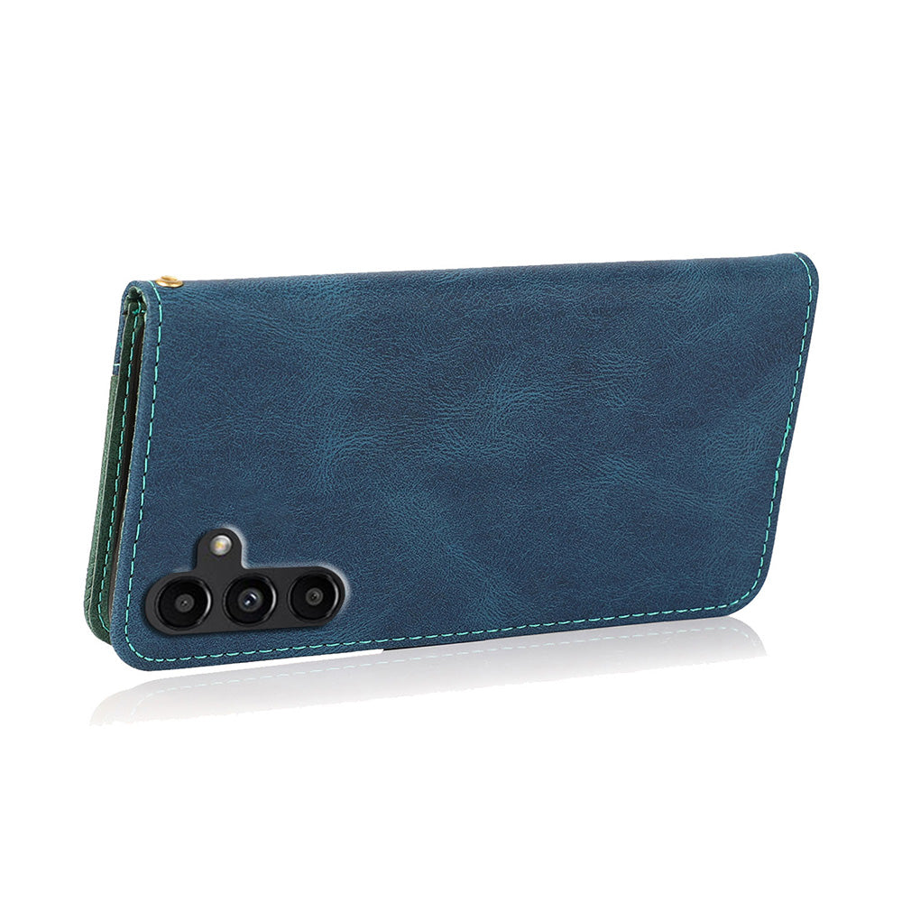 For Samsung Galaxy A16 5G / A16 4G Cover Color Splicing Wallet Stand Leather Phone Case with Wrist Strap - Blue+Green