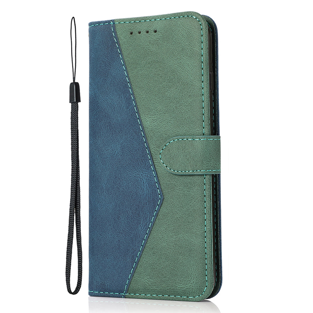 For Samsung Galaxy A16 5G / A16 4G Cover Color Splicing Wallet Stand Leather Phone Case with Wrist Strap - Blue+Green