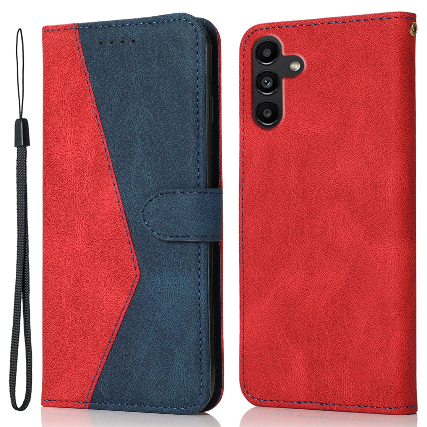 For Samsung Galaxy A16 5G / A16 4G Cover Color Splicing Wallet Stand Leather Phone Case with Wrist Strap - Red+Blue