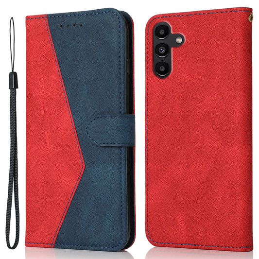 For Samsung Galaxy A16 5G / A16 4G Cover Color Splicing Wallet Stand Leather Phone Case with Wrist Strap - Red+Blue