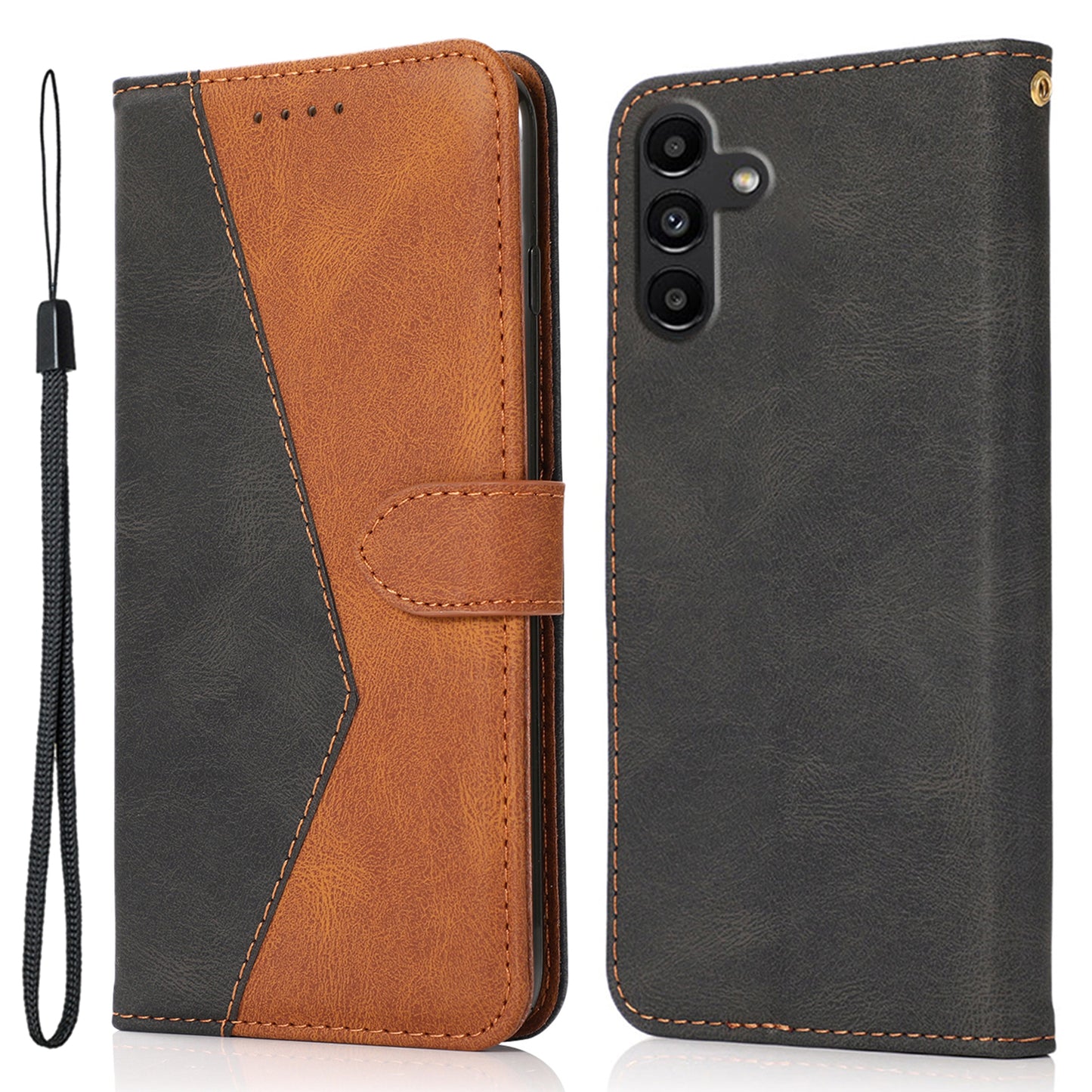 For Samsung Galaxy A16 5G / A16 4G Cover Color Splicing Wallet Stand Leather Phone Case with Wrist Strap - Black+Brown