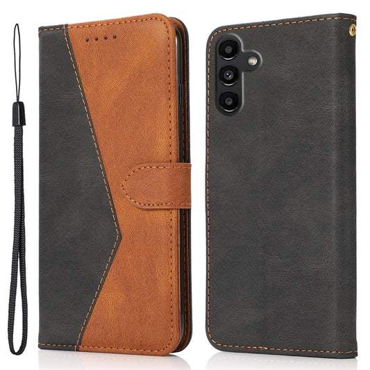 For Samsung Galaxy A16 5G / A16 4G Cover Color Splicing Wallet Stand Leather Phone Case with Wrist Strap - Black+Brown