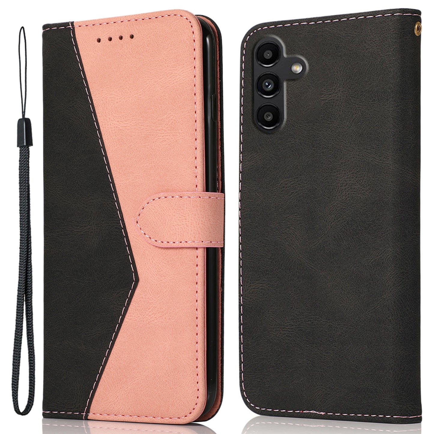 For Samsung Galaxy A16 5G / A16 4G Cover Color Splicing Wallet Stand Leather Phone Case with Wrist Strap - Black+Rose Gold