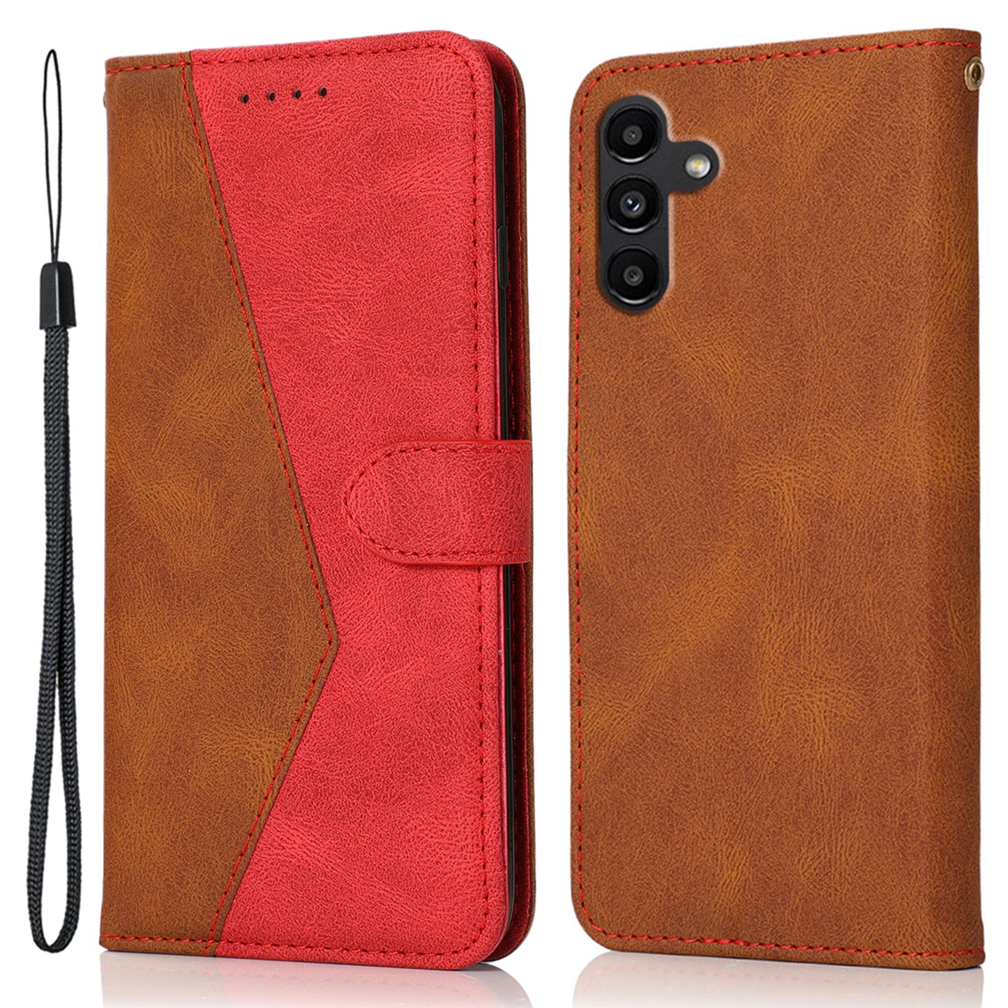For Samsung Galaxy A16 5G / A16 4G Cover Color Splicing Wallet Stand Leather Phone Case with Wrist Strap - Brown+Red
