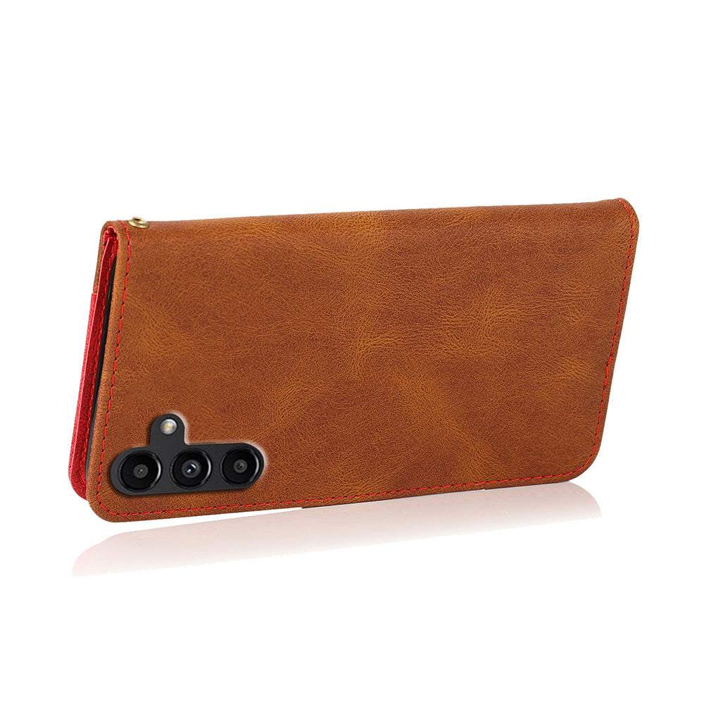 For Samsung Galaxy A16 5G / A16 4G Cover Color Splicing Wallet Stand Leather Phone Case with Wrist Strap - Brown+Red