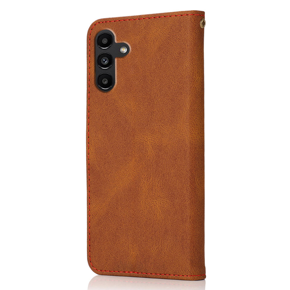 For Samsung Galaxy A16 5G / A16 4G Cover Color Splicing Wallet Stand Leather Phone Case with Wrist Strap - Brown+Red