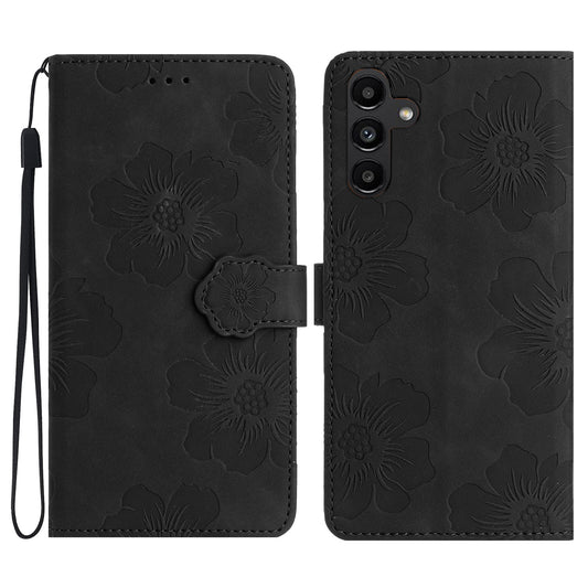 For Samsung Galaxy A16 5G / A16 4G Case Flower Design Leather Wallet Phone Cover with Wrist Strap - Black