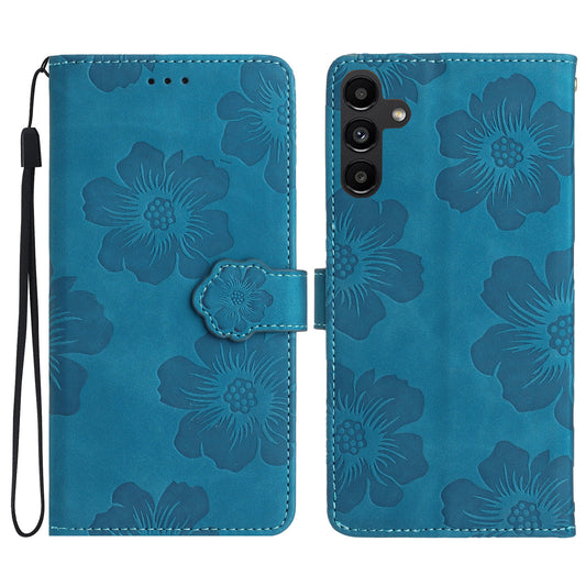 For Samsung Galaxy A16 5G / A16 4G Case Flower Design Leather Wallet Phone Cover with Wrist Strap - Blue