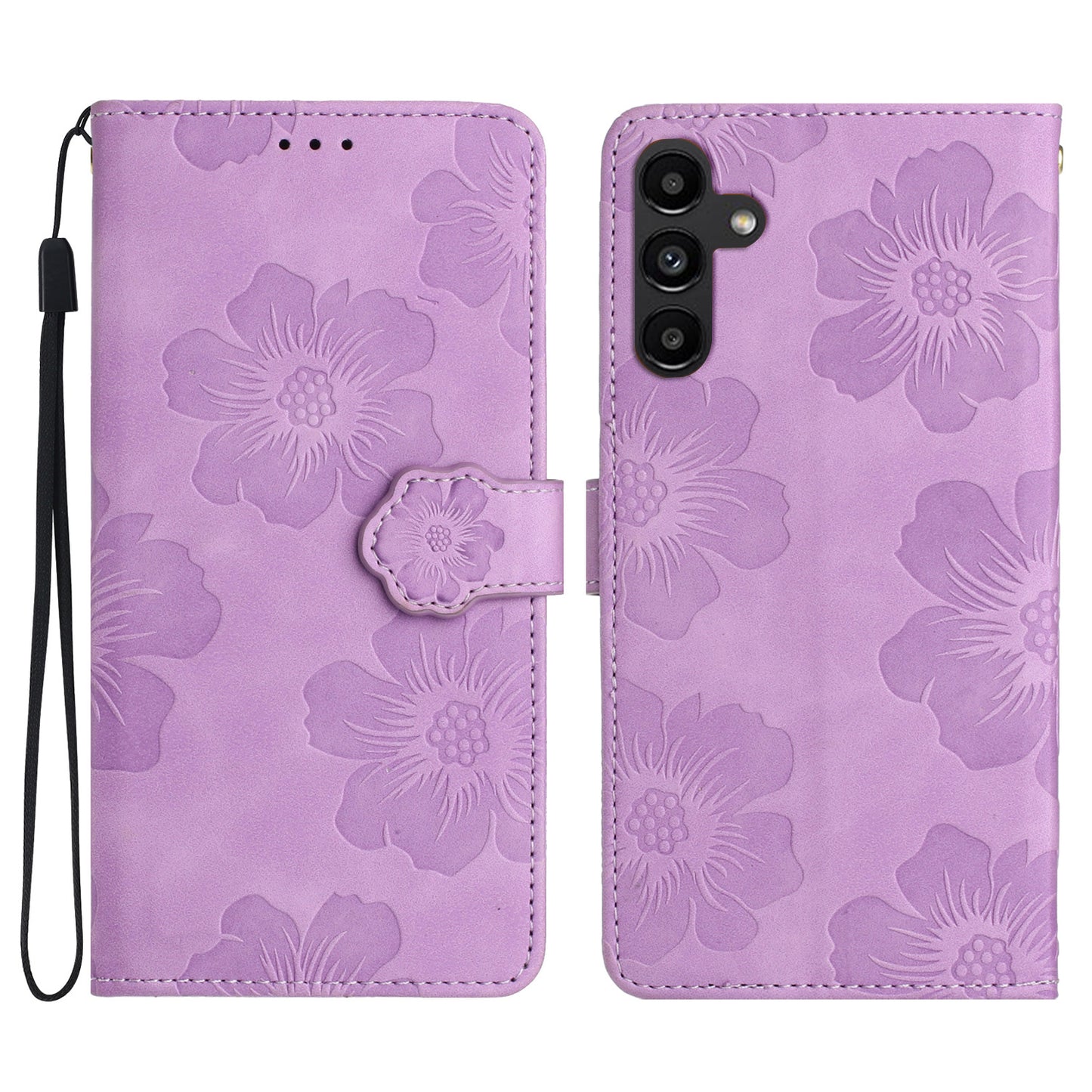For Samsung Galaxy A16 5G / A16 4G Case Flower Design Leather Wallet Phone Cover with Wrist Strap - Purple