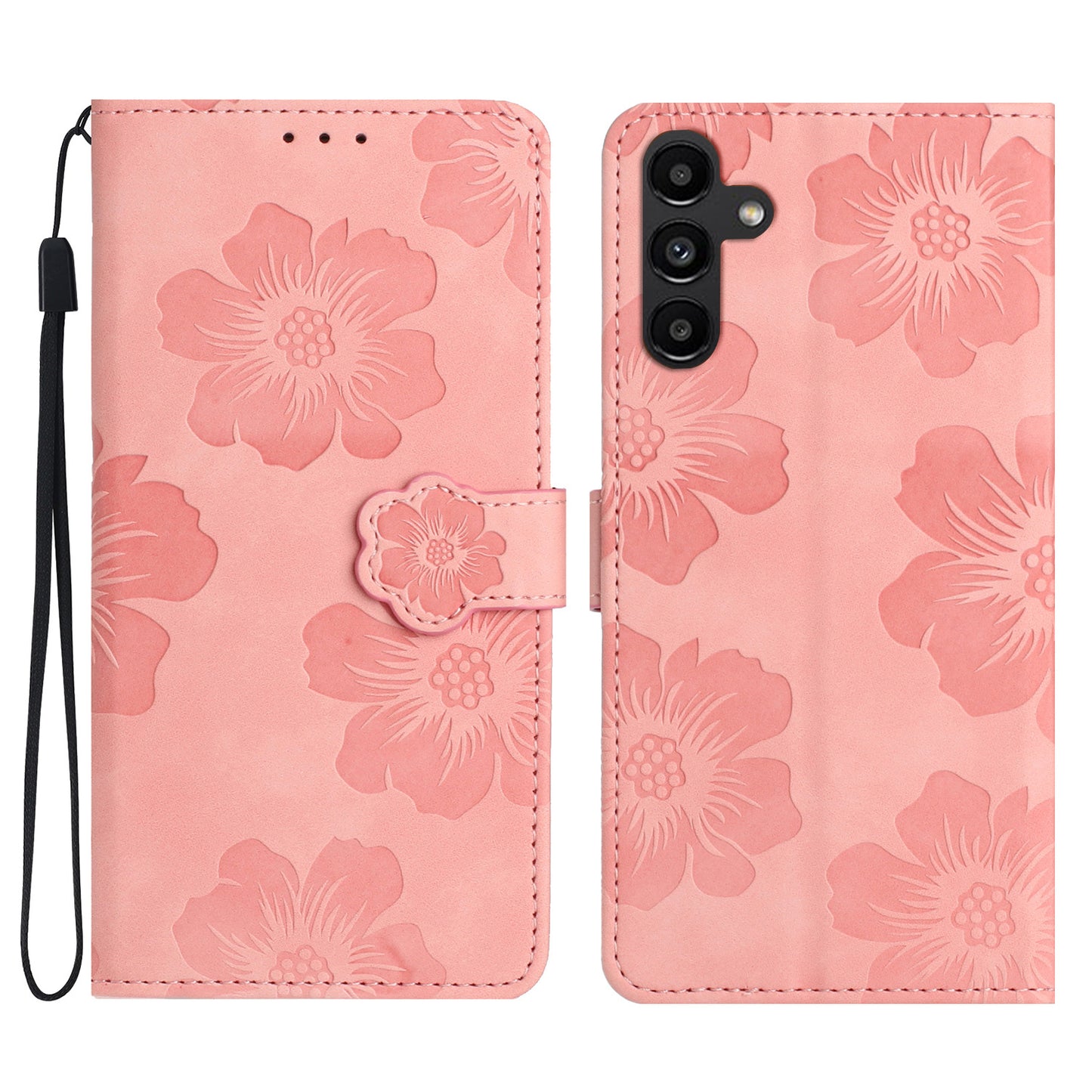 For Samsung Galaxy A16 5G / A16 4G Case Flower Design Leather Wallet Phone Cover with Wrist Strap - Pink