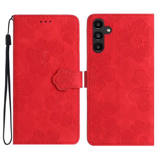 For Samsung Galaxy A16 5G / A16 4G Case Flower Design Leather Wallet Phone Cover with Wrist Strap - Red