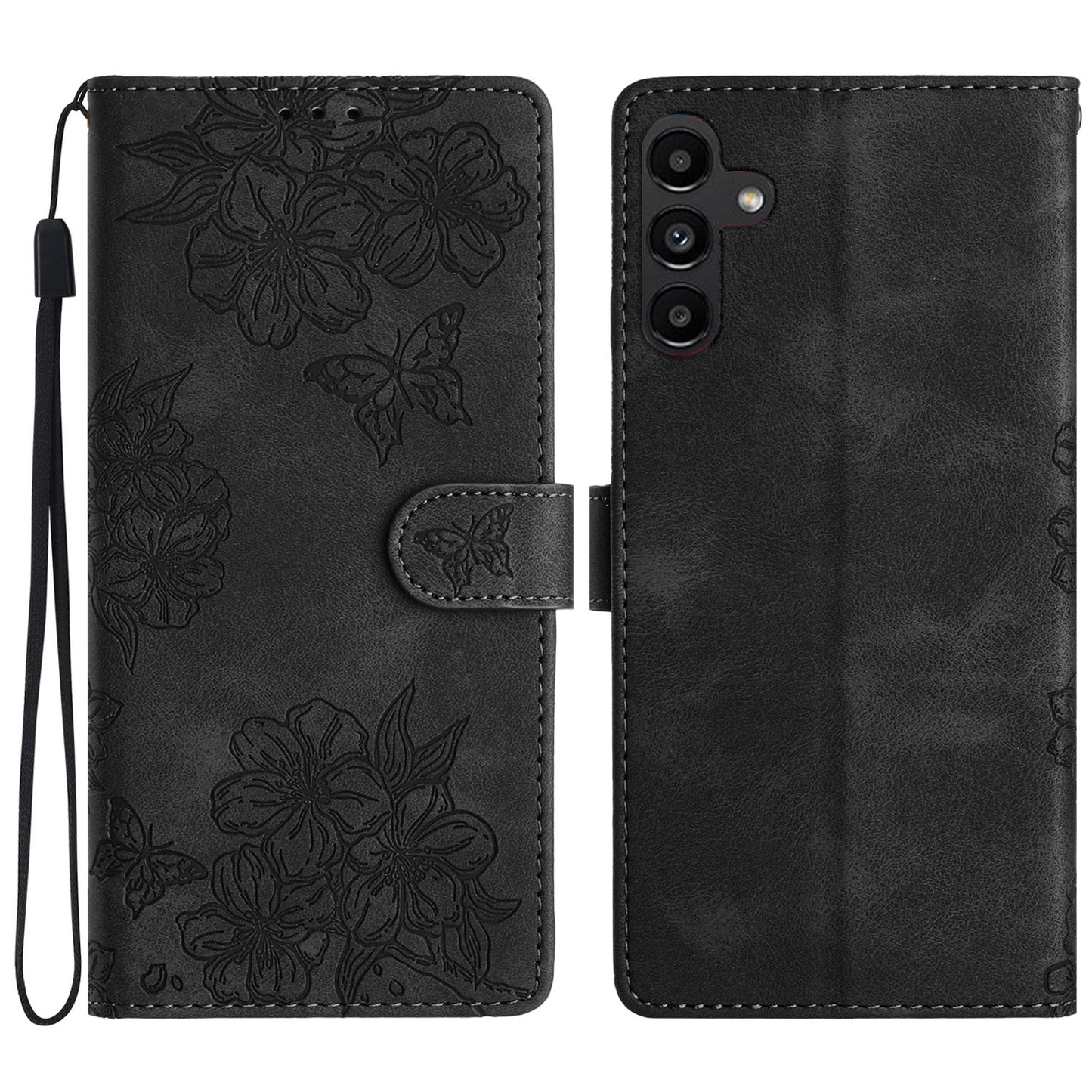 For Samsung Galaxy A16 5G / A16 4G Case Butterfly Flower Pattern Skin-Touch Leather Phone Cover - Black