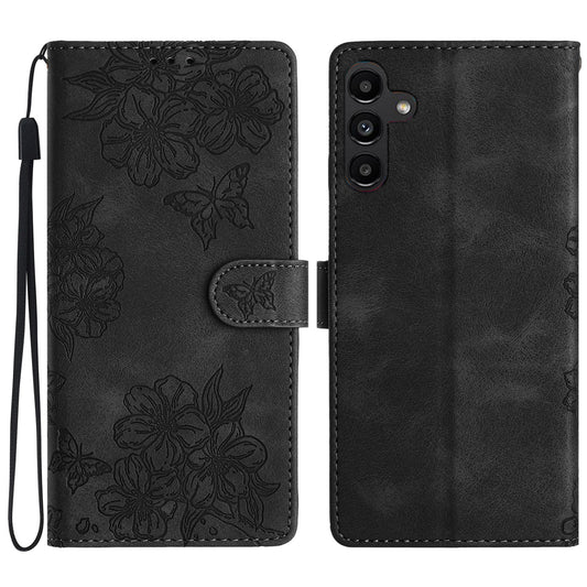For Samsung Galaxy A16 5G / A16 4G Case Butterfly Flower Pattern Skin-Touch Leather Phone Cover - Black