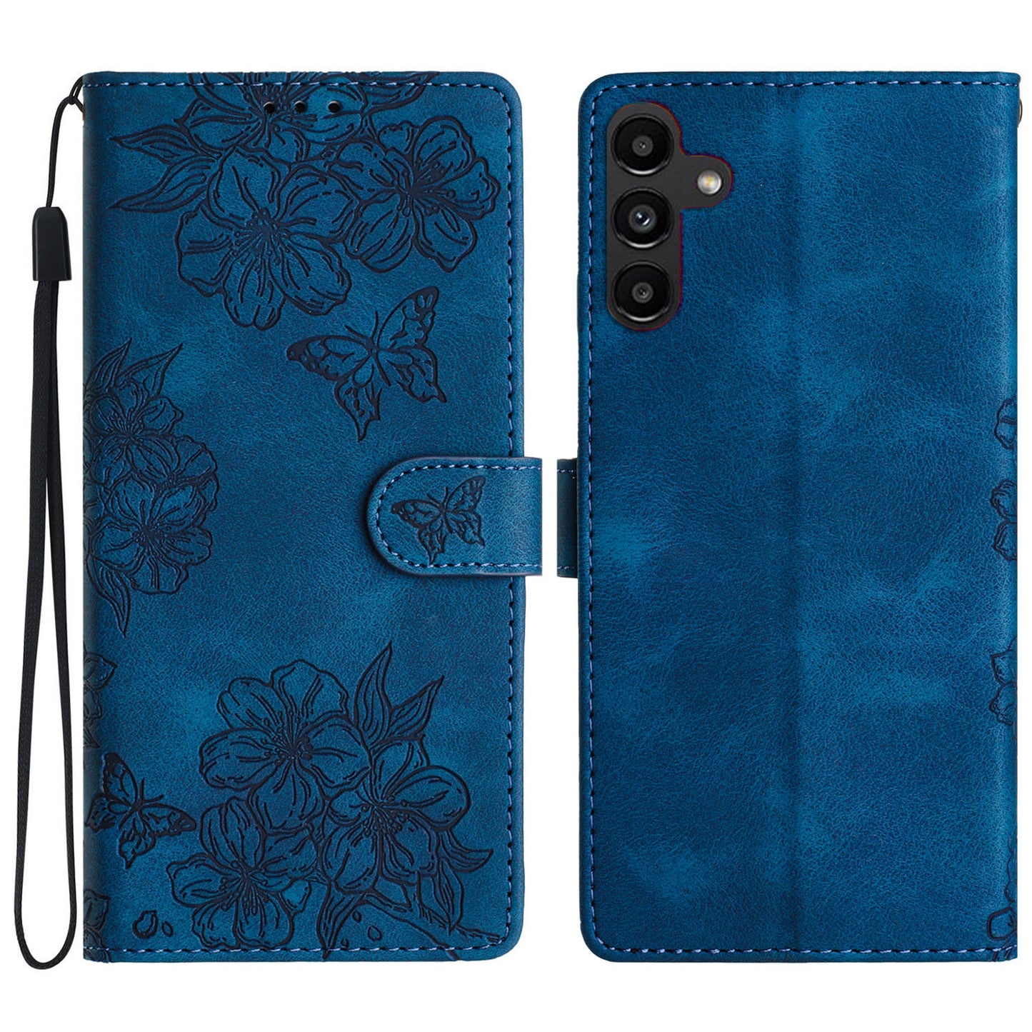 For Samsung Galaxy A16 5G / A16 4G Case Butterfly Flower Pattern Skin-Touch Leather Phone Cover - Blue